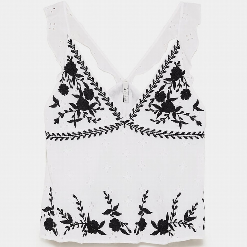 Zara Embroidered Eyelet Top Shirt Floral Black XS - Picture 4 of 4